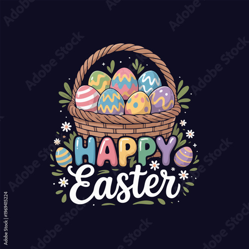 Happy Easter Basket Illustration with Colorful Decorated Eggs and Spring Flowers-PNG