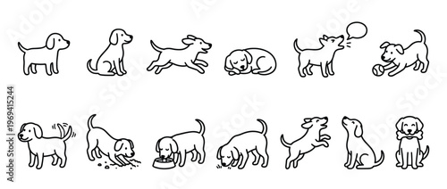 Collection of simple black outline dog illustrations depicting various actions and emotions in a clean, minimalist style