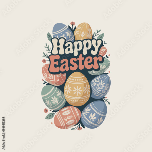 Hand-drawn Retro Happy Easter Vector Illustration for Poster, Banner, Tshirt Design