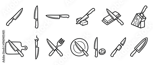 Collection of various kitchen knife outline icons, illustrating different types, uses, and accessories in a simple, clean style