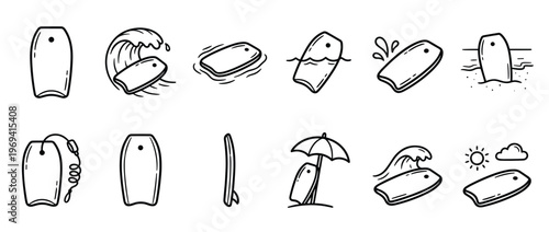 Collection of black outline boogie board icons depicting various surfing and beach activities in a playful doodle style