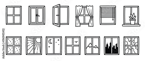 Collection of hand-drawn window icons depicting various styles, weather conditions, and views in a simple black and white outline