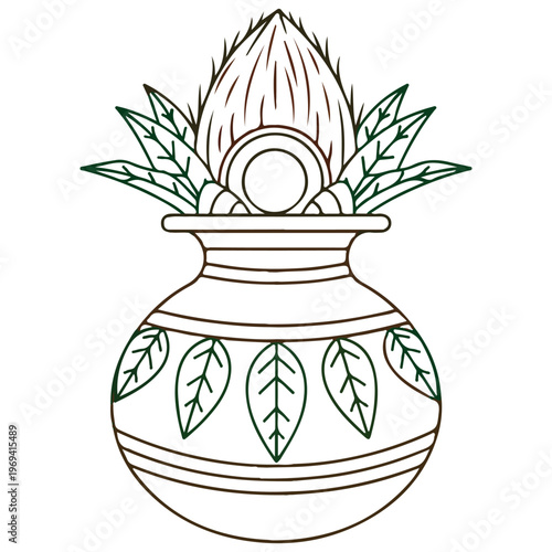 Ugadi festival outline pot with mango coconut leaves and flowers eps 10