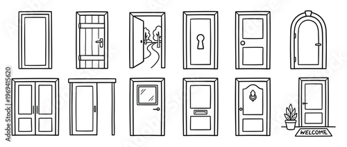 Collection of various hand-drawn doors in different styles, including open, closed, and arched designs, presented as a black and white line art illustration