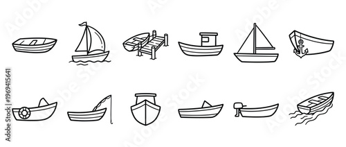 Collection of twelve simple black outline boat and ship icons, including sailboats, fishing boats, and rowboats