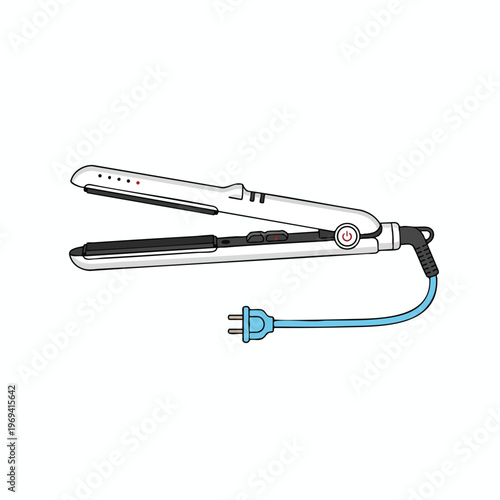 White hair straightener with black plates, power button, and blue cord