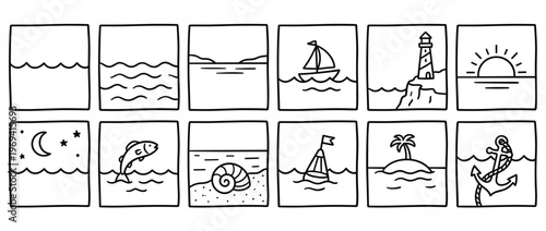Collection of twelve simple black and white line art drawings depicting various nautical and ocean-related elements