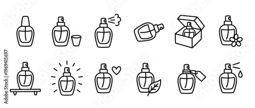 Collection of black outline perfume bottle icons depicting various states and accessories in a clean, minimalist style