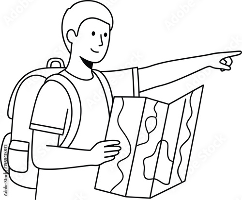 Young traveler with a backpack and map pointing the way
