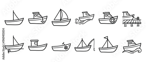 Collection of various simple black outline boat icons and illustrations, featuring different styles and details
