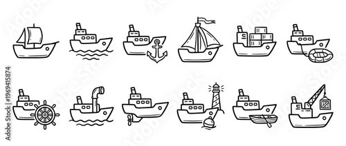Collection of various hand-drawn boat and ship icons in a simple, black-and-white outline style, depicting different maritime vessels and related elements