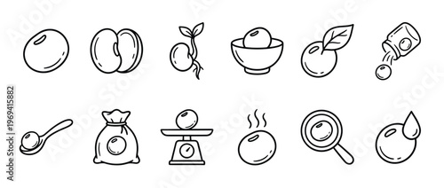 Collection of black and white line art icons depicting various stages and uses of soybeans