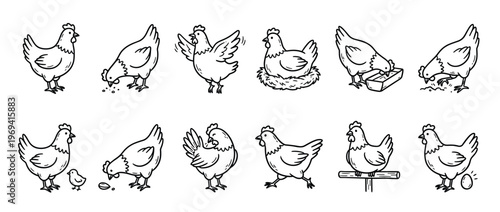 Collection of hand-drawn chickens in various poses, including standing, pecking, flapping, and sitting on a nest, depicted in a charming cartoon style