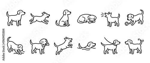 Collection of simple black outline dog icons depicting various actions and emotions in a clean, graphic style