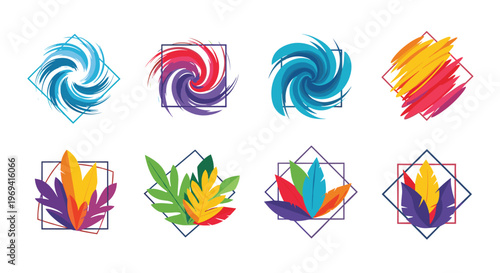 Set of vibrant colorful abstract swirls and leaf motifs in various designs for creative branding and graphic design projects.