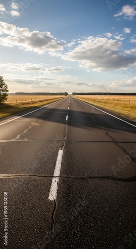 Cracked asphalt road stretching through a vast rural landscape under a cloudy sky