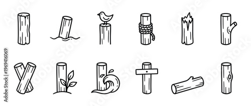 Various hand-drawn black and white wooden log icons are arranged neatly, showcasing different forms and interactions with elements like water, rope, and a bird, in a clean, graphic style