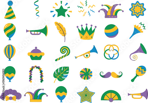 Mardi Gras carnival icon set with 30 vector elements, festive party decorations in purple green and gold, masquerade celebration graphics