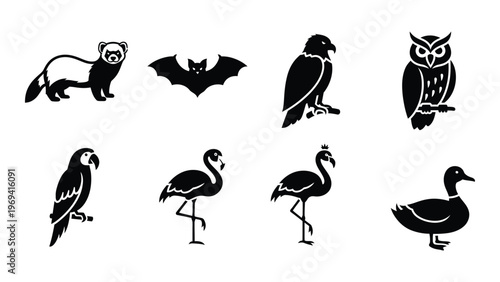 A collection of black animal silhouettes including a ferret bat owl parrot and flamingo silhouette high quality professional detailed modern elegant