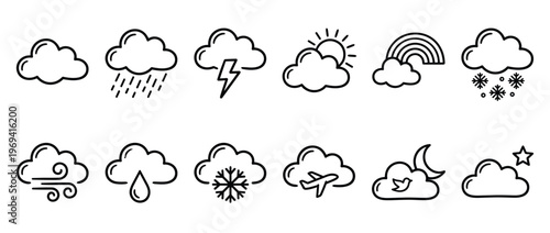 Collection of twelve black outline weather icons depicting various atmospheric conditions and elements in a simple, clear style