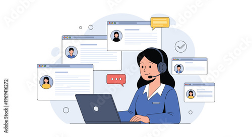 Professional call center representative with a headset managing multiple customer profiles on a digital interface screen.