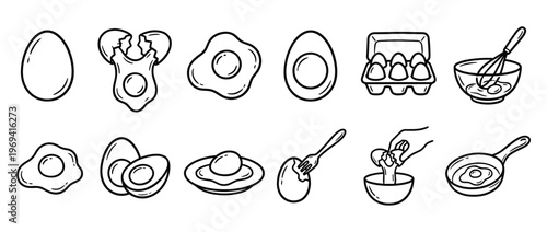 Various black outline egg illustrations depict different forms of eggs, from whole to fried, in a clean, graphic style