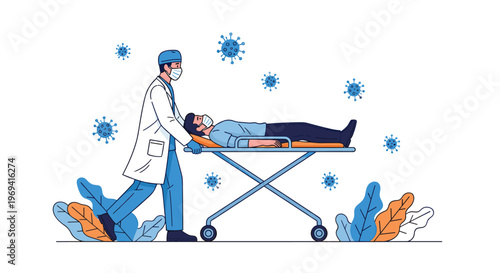 Dedicated medical professional in protective gear transporting a patient on a stretcher during a viral disease outbreak.