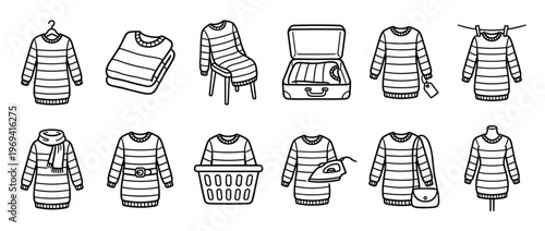 Collection of simple black and white line art illustrations depicting various striped sweaters in different scenarios