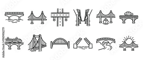 Diverse collection of black outline bridge icons, showcasing various architectural styles and transportation methods, presented in a clean, minimalist design