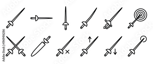 Collection of black outline fencing sword icons in various positions and actions, on a white surface