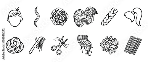 Collection of various hair types and styling tools, including straight, wavy, curly, braided, and messy hair, along with a comb and scissors, presented as simple black outline icons