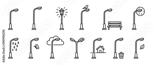 Collection of various simple black outline street lamp icons illustrating different scenarios and styles