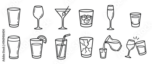 Collection of various hand-drawn outline drink glasses, including wine, martini, beer, and shot glasses, in a clean, simple style