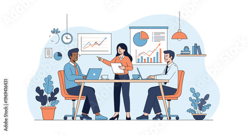 Collaborative office team of diverse professionals discussing business growth data and financial charts at a meeting table.