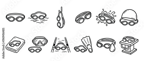 Collection of hand-drawn swimming goggles and related accessories in various poses, depicted with a playful doodle style