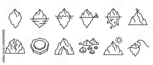 Collection of various simple black outline iceberg icons depicting different forms and states of ice in water