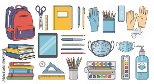 Comprehensive set of school supplies and personal protective equipment including face masks and hand sanitizer for students.