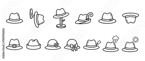 Collection of various hand-drawn outline hat icons in different styles and orientations, showcasing diverse headwear