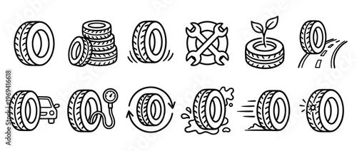 Collection of hand-drawn black and white tire icons illustrating various aspects of car maintenance, driving, and repair services