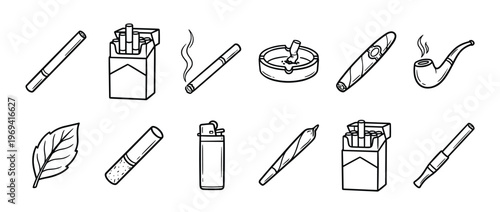 Collection of smoking-related items, including cigarettes, cigars, pipes, lighters, and an ashtray, depicted in a simple line art style