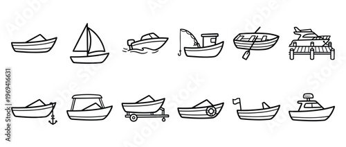 Collection of various simple black outline boat icons, including sailboats, motorboats, and fishing vessels, presented in a clean, graphic style