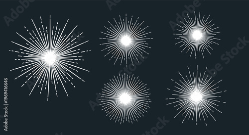 Set of minimalist white sunburst and starburst vector graphics with radiating lines on a plain dark background for design.