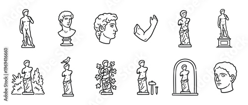 Collection of black outline drawings depicting various classical Greek and Roman sculptures and busts, presented in a clean, illustrative style