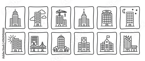 Collection of twelve distinct hand-drawn outline icons representing various city buildings and architectural structures in a clean, graphic style