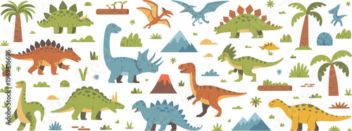 Colorful cartoon dinosaur vector set with prehistoric elements for kids education design