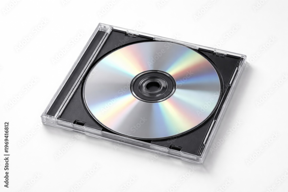 Fototapeta premium Compact disc placed inside a protective case on a clean white backdrop