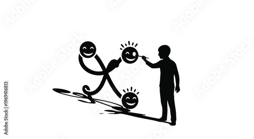 Silhouette of a person drawing happy faces, creating joy and positive emotions.