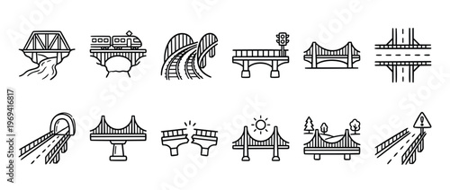 Collection of various bridge and road infrastructure line art icons, depicting different types of crossings and structures