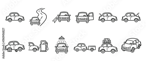 Collection of hand-drawn doodle car icons illustrating various situations like driving, washing, and repairs, presented in a clean, minimalist style