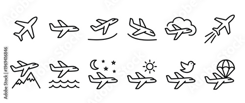 Collection of black outline airplane icons depicting various travel scenarios and flight conditions in a clean, modern style